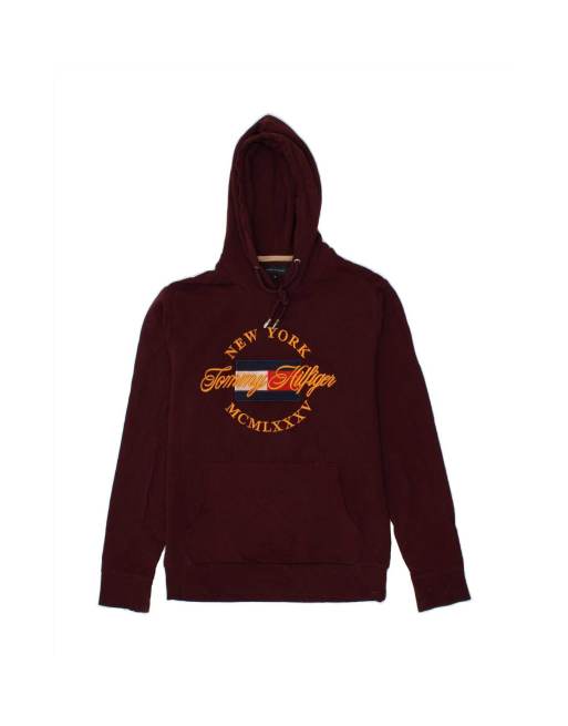 Vintage Tommy Hilfiger New York Graphic Hoodie Jumper Uk 14 Medium In Burgundy