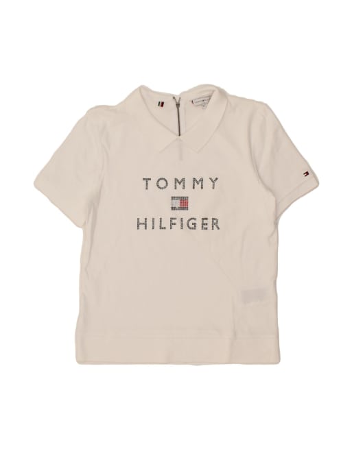 Vintage Tommy Hilfiger Oversized Graphic Polo Shirt UK 6 XS In Beige