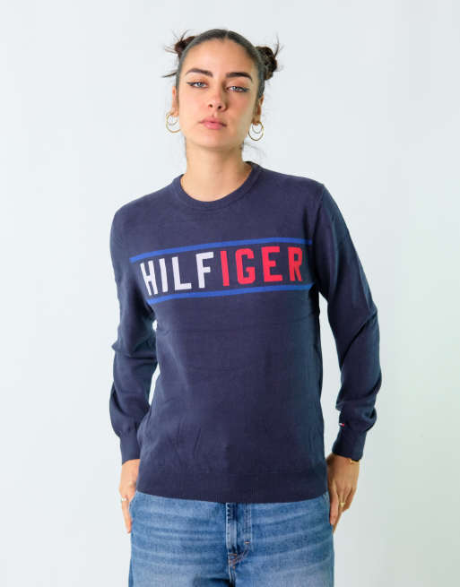 Vintage Tommy Hilfiger S Knit Sweatshirt Navy Blue
