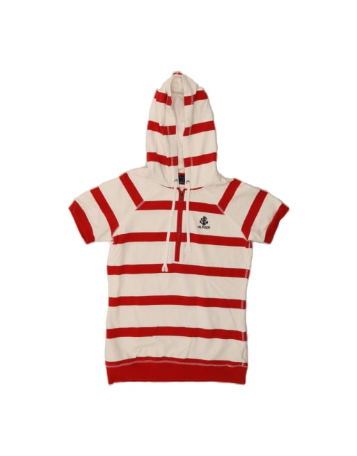 Vintage Tommy Hilfiger Short Sleeve Hoodie Jumper UK 10 Small In Red Striped
