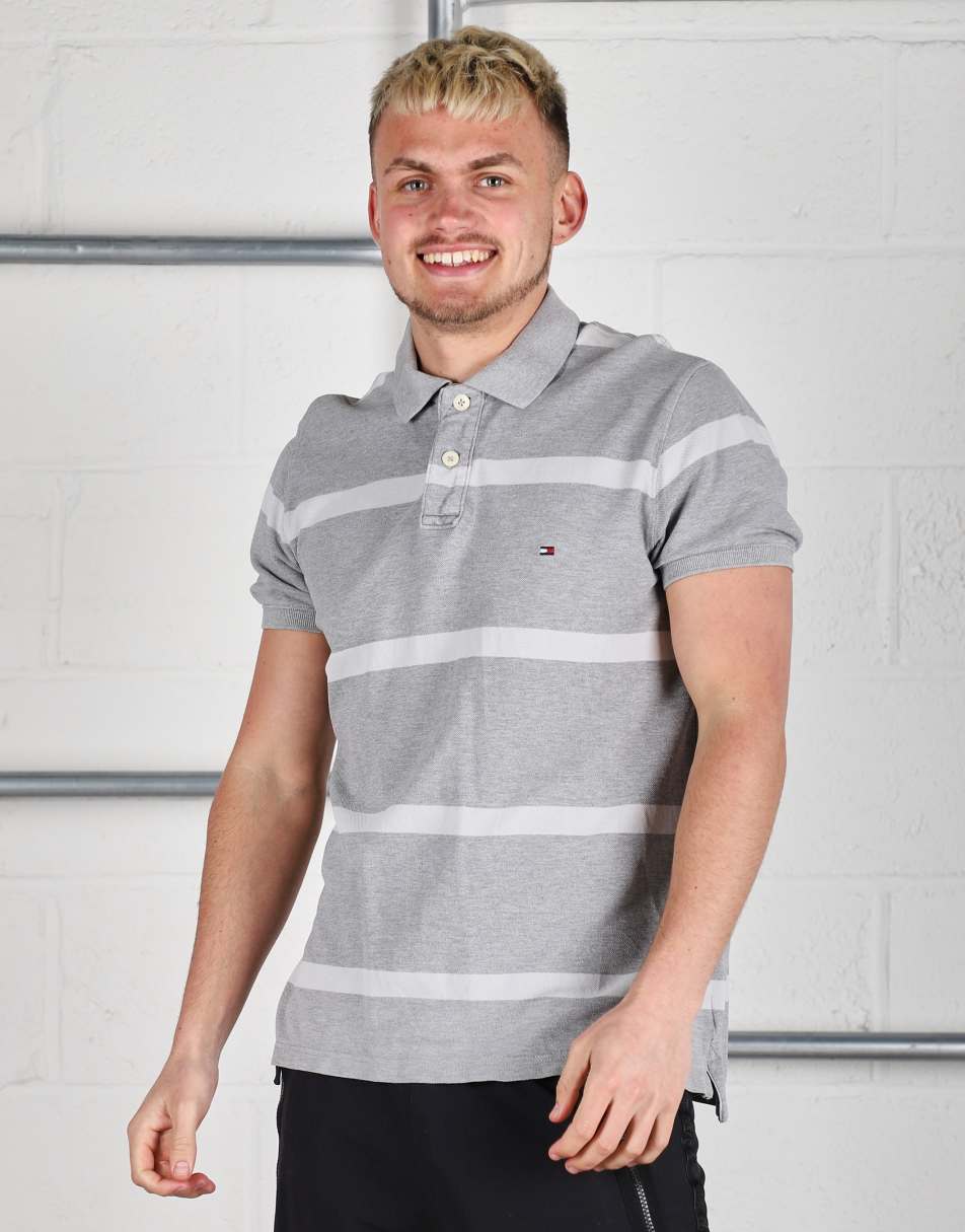 Vintage Tommy Hilfiger Size L logo short sleeve polo shirt in grey stripe