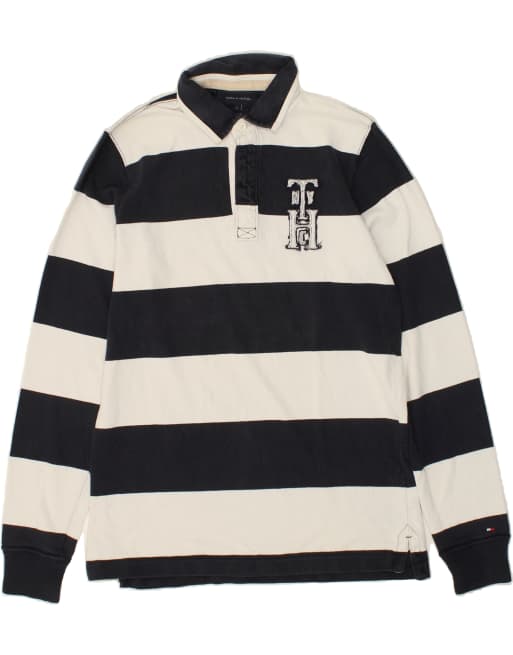 Vintage Tommy Hilfiger Size L Striped Graphic Long Sleeve Polo Shirt in Navy Blue