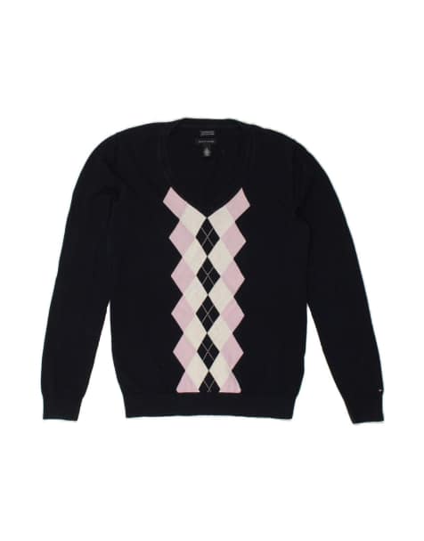 Vintage Tommy Hilfiger Size M Argyle/Diamond Jumper in Navy Blue - view 1