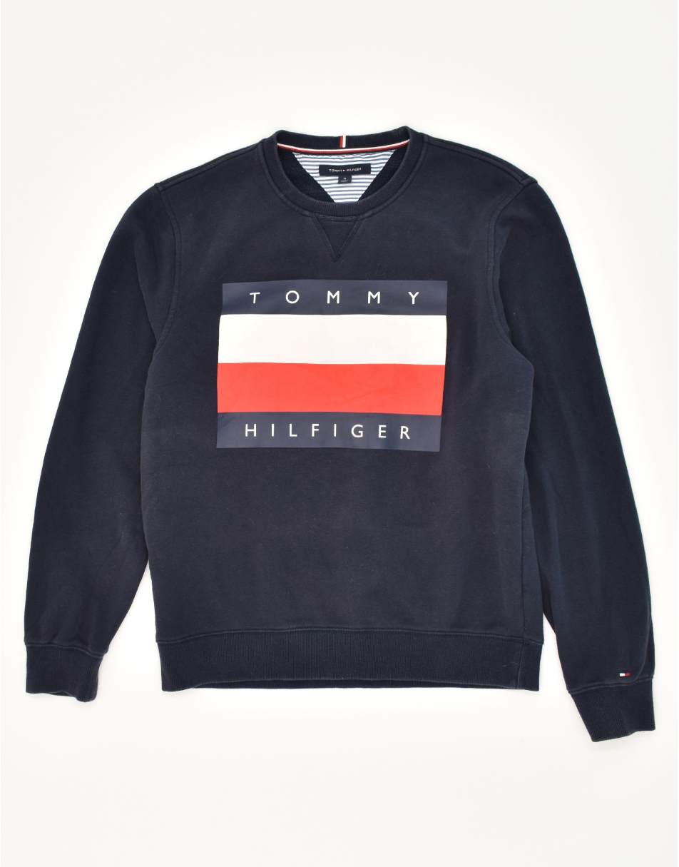Vintage Tommy Hilfiger Size M Graphic Hoodie Jumper in Navy Blue