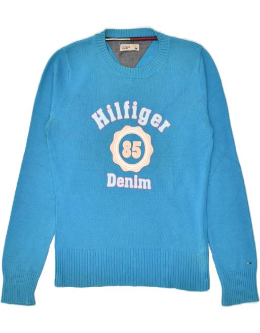 Vintage Tommy Hilfiger Size S Graphic Boat Neck Jumper Sweater in Blue