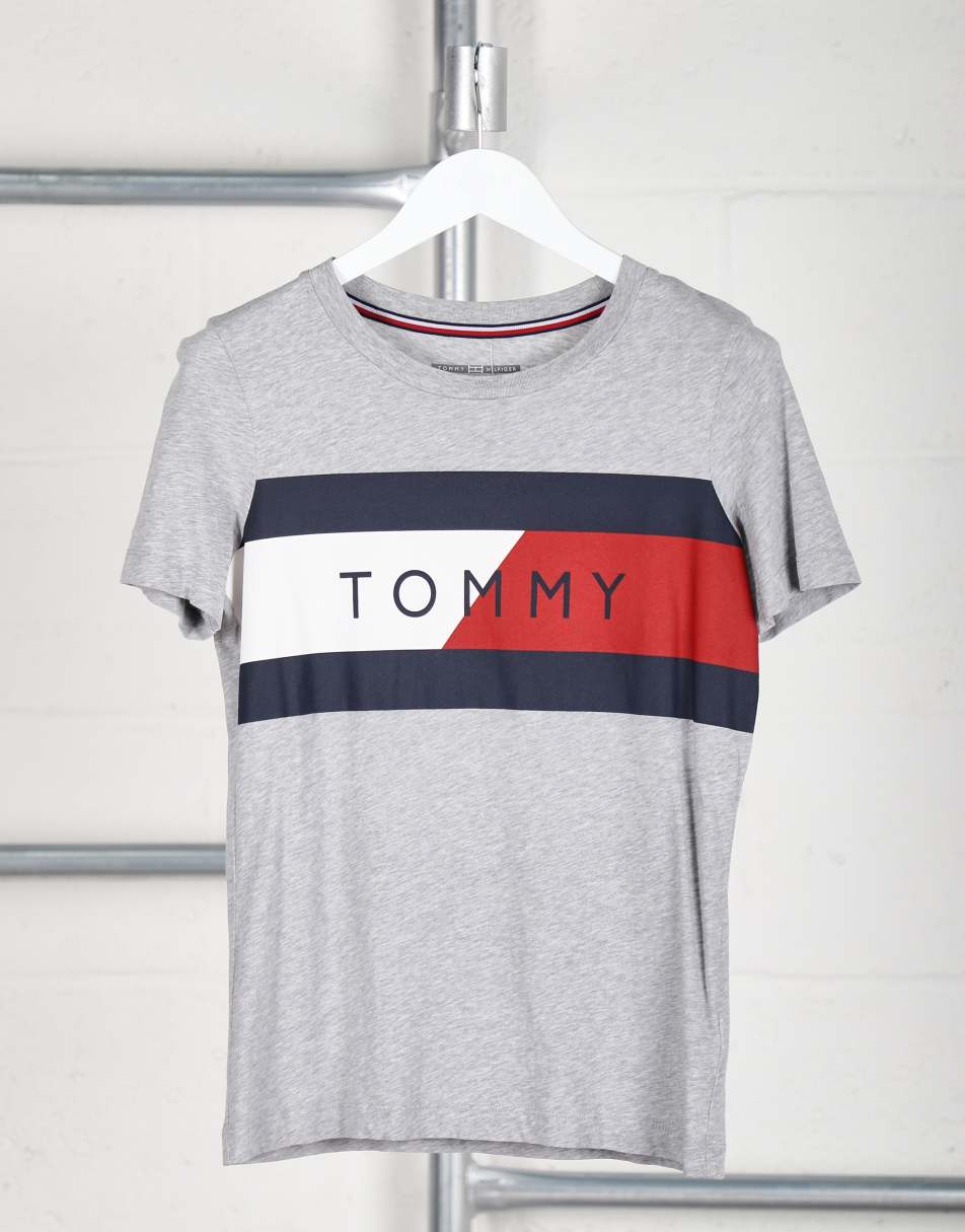 Vintage Tommy Hilfiger Size XS spell out crew neck t-shirt in grey