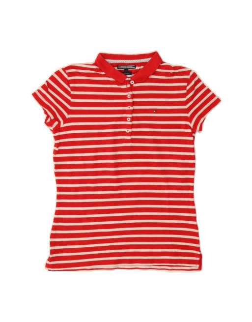 Vintage Tommy Hilfiger Slim Fit Polo Shirt UK 14 Large In Red Striped