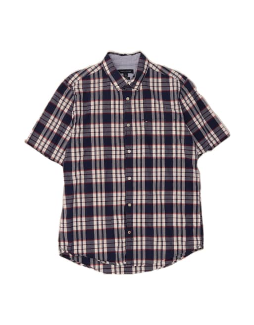 Vintage Tommy Hilfiger Slim Fit Short Sleeve Shirt Large In Blue Check