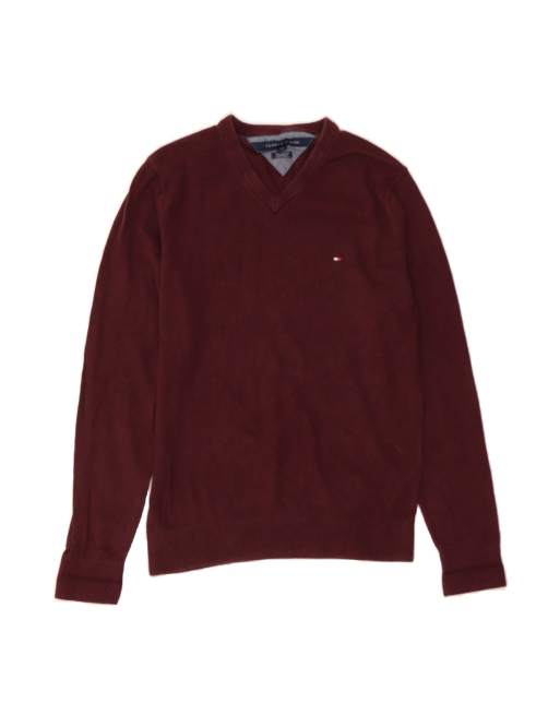 Vintage Tommy Hilfiger Slim Fit V-neck Jumper Sweater Small In Burgundy