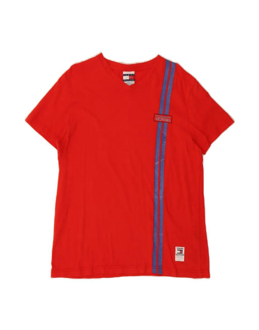 Vintage Tommy Hilfiger T-shirt Top UK 16 Large In Red Striped Modern