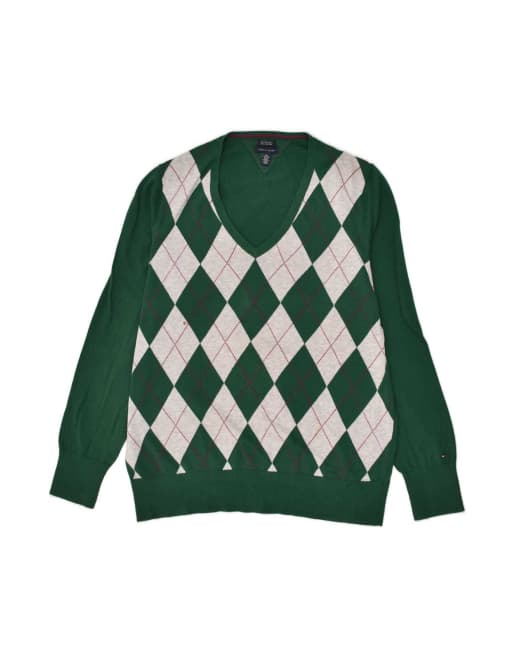 Vintage Tommy Hilfiger Tall V-neck Jumper Sweater 2XL In Green Argyle/diamond