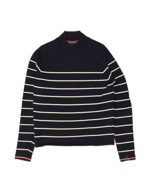 Vintage Tommy Hilfiger Turtle Neck Jumper Sweater UK 6 XS In Blue Striped