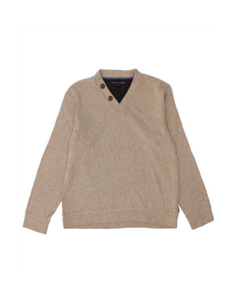 Vintage Tommy Hilfiger V-neck Jumper Sweater Large In Beige Colourblock - view 1