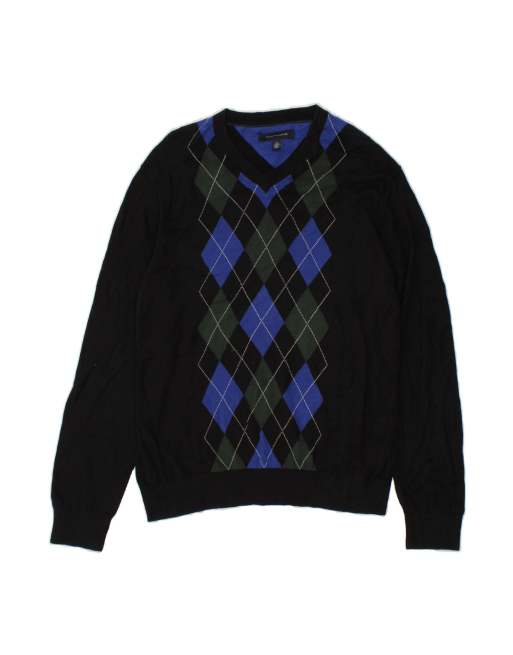 Vintage Tommy Hilfiger V-neck Jumper Sweater Large In Black Argyle/diamond