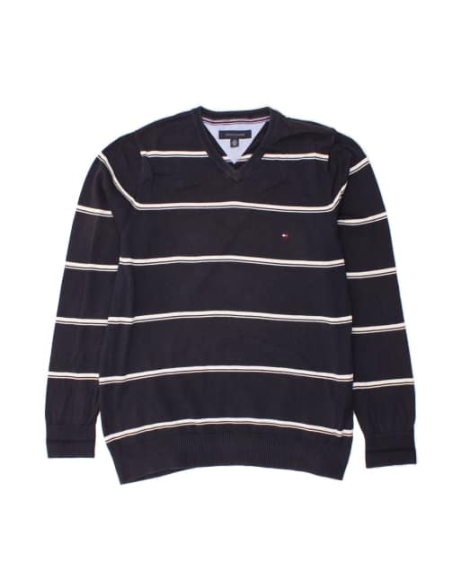 Vintage Tommy Hilfiger V-neck Jumper Sweater Large In Blue Striped