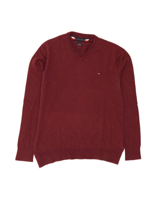 Vintage Tommy Hilfiger V-neck Jumper Sweater Large In Burgundy
