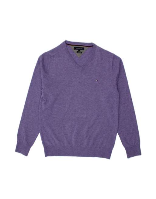 Vintage Tommy Hilfiger V-neck Jumper Sweater Large In Purple Lambswool