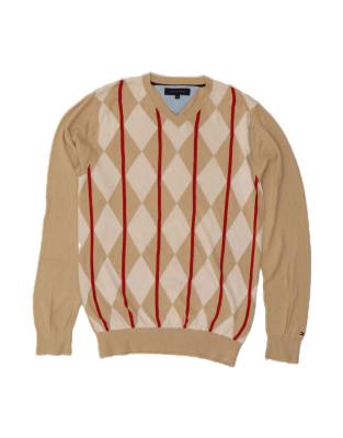 Vintage Tommy Hilfiger V-neck Jumper Sweater Medium In Beige Argyle/diamond - view 1