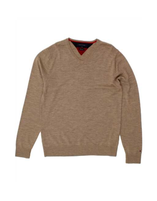 Vintage Tommy Hilfiger V-neck Jumper Sweater Medium In Beige Wool
