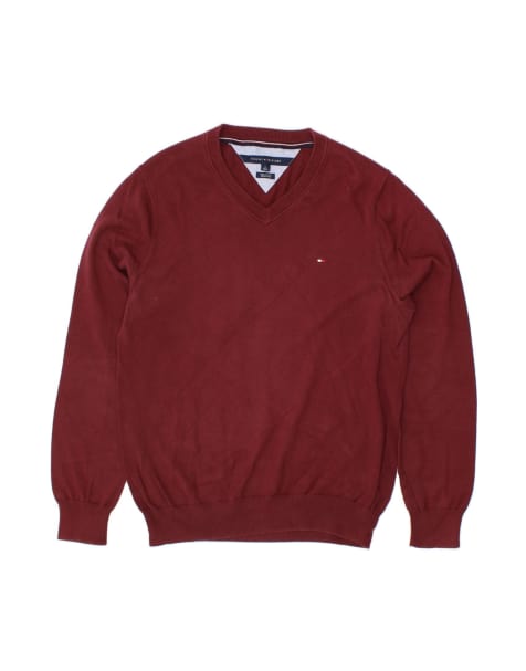 Vintage Tommy Hilfiger V-neck Jumper Sweater Medium In Burgundy - view 1