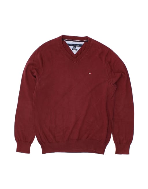 Vintage Tommy Hilfiger V-neck Jumper Sweater Medium In Burgundy