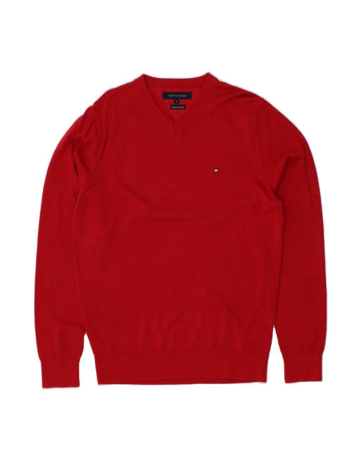 Vintage Tommy Hilfiger V-neck Jumper Sweater Medium In Red
