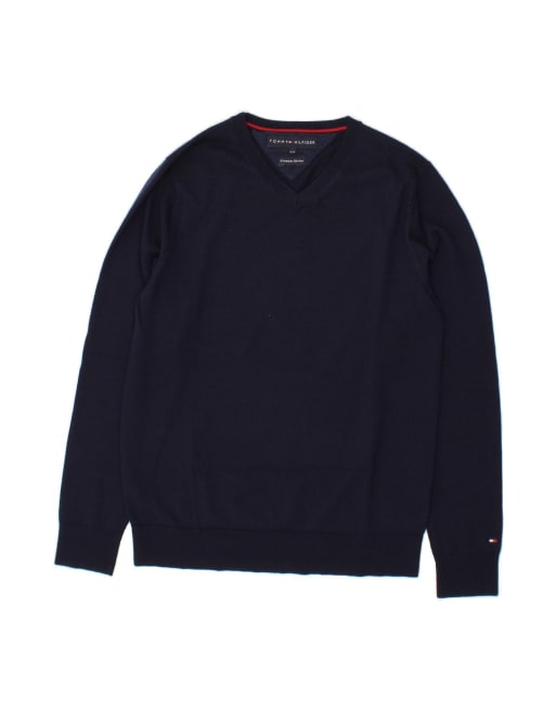 Vintage Tommy Hilfiger V-neck Jumper Sweater Small In Blue Merino Wool