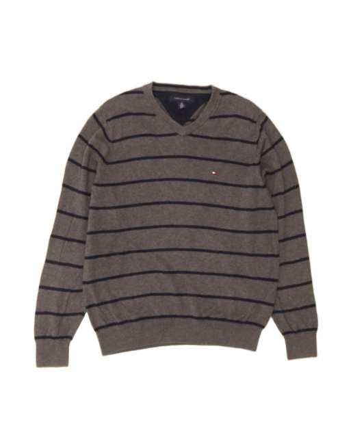 Vintage Tommy Hilfiger V-neck Jumper Sweater Small In Grey Striped