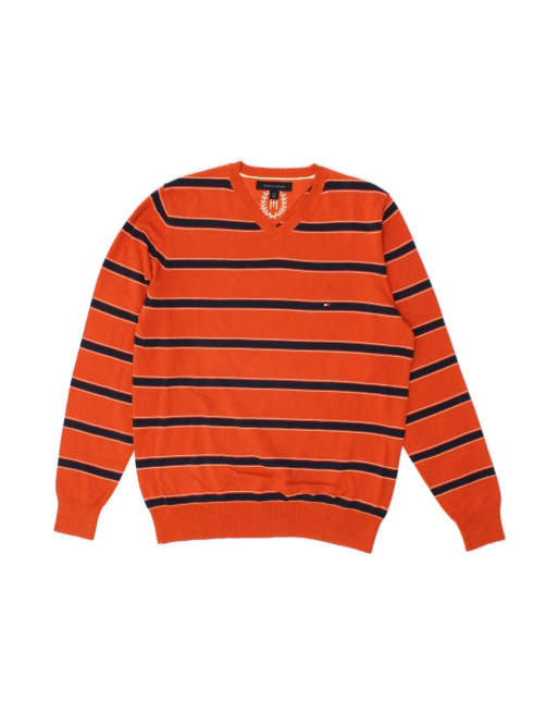 Vintage Tommy Hilfiger V-neck Jumper Sweater Small In Orange Striped
