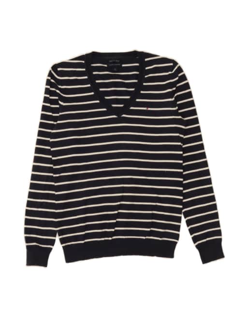 Vintage Tommy Hilfiger V-neck Jumper Sweater UK 10 Small In Blue Striped