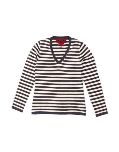 Vintage Tommy Hilfiger V-neck Jumper Sweater UK 12 Medium In Blue Striped - view 1