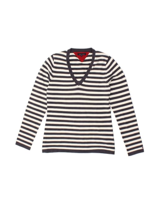 Vintage Tommy Hilfiger V-neck Jumper Sweater UK 12 Medium In Blue Striped