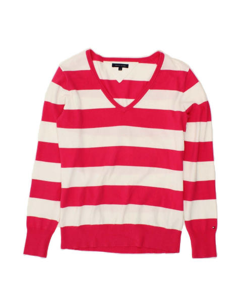 Vintage Tommy Hilfiger V-neck Jumper Sweater UK 12 Medium In Pink Striped - view 1