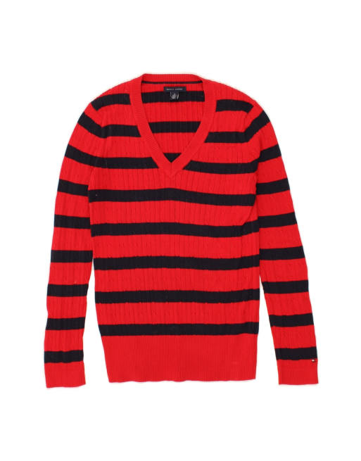 Vintage Tommy Hilfiger V-neck Jumper Sweater UK 12 Medium In Red Striped