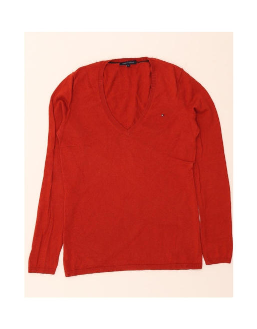 Vintage Tommy Hilfiger V-neck Jumper Sweater UK 12 Medium In Red Wool