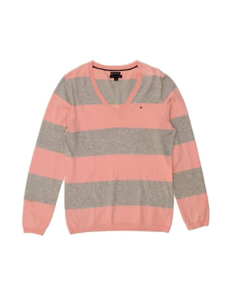 Vintage Tommy Hilfiger V-neck Jumper Sweater UK 14 Large In Pink Striped - view 1