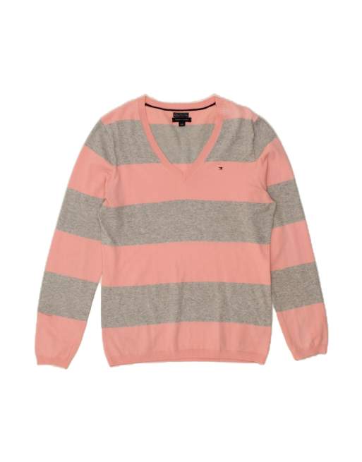 Vintage Tommy Hilfiger V-neck Jumper Sweater UK 14 Large In Pink Striped
