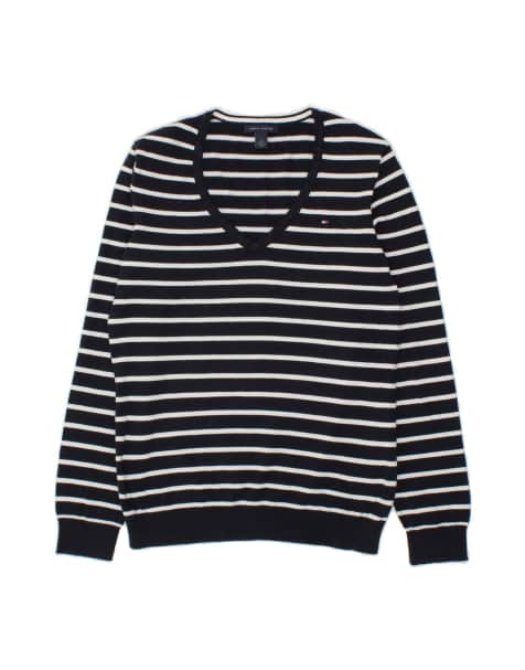 Vintage Tommy Hilfiger V-neck Jumper Sweater UK 14 Medium In Blue Striped - view 1
