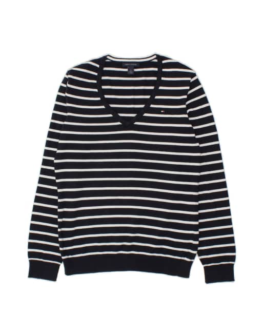 Vintage Tommy Hilfiger V-neck Jumper Sweater UK 14 Medium In Blue Striped