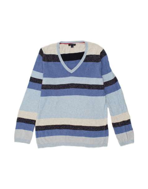 Vintage Tommy Hilfiger V-neck Jumper Sweater UK 16 Large In Blue Striped - view 1
