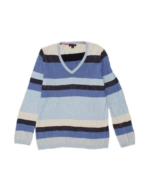 Vintage Tommy Hilfiger V-neck Jumper Sweater UK 16 Large In Blue Striped