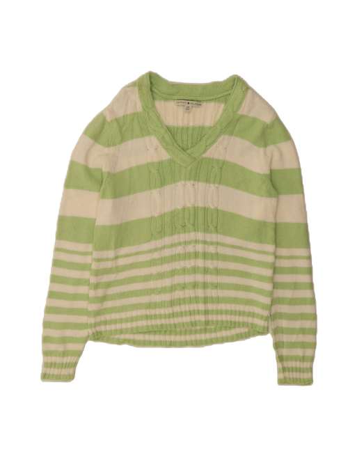 Vintage Tommy Hilfiger V-neck Jumper Sweater UK 16 Large In Green Striped