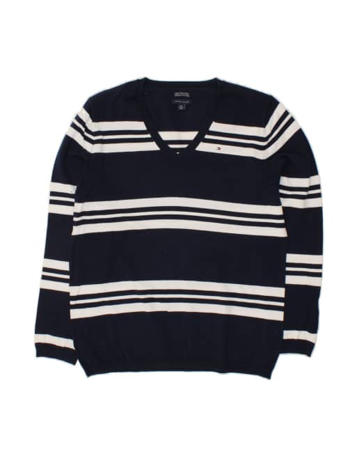 Vintage Tommy Hilfiger V-neck Jumper Sweater UK 18 XL In Blue Striped