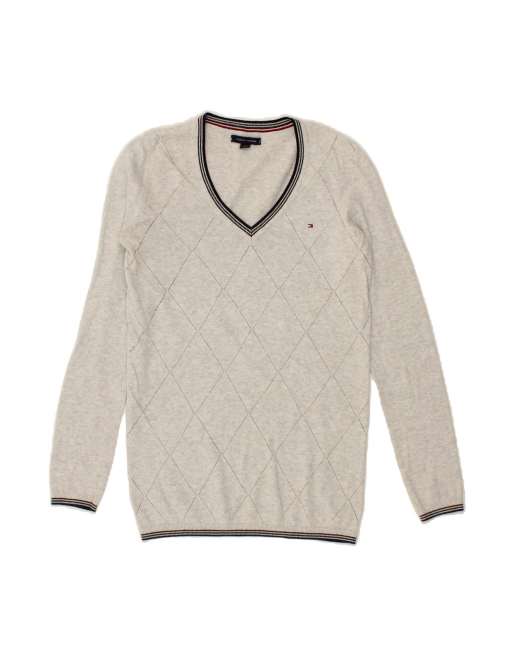 Vintage Tommy Hilfiger V-neck Jumper Sweater UK 6 XS In Grey Argyle/diamond