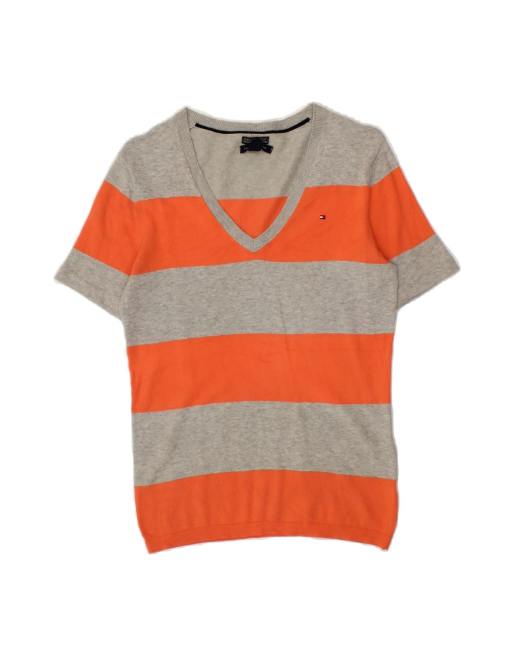Vintage Tommy Hilfiger V-neck Jumper Sweater UK 6 XS In Orange Colourblock