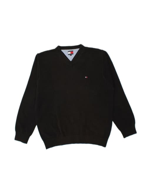 Vintage Tommy Hilfiger V-neck Jumper Sweater XL In Black
