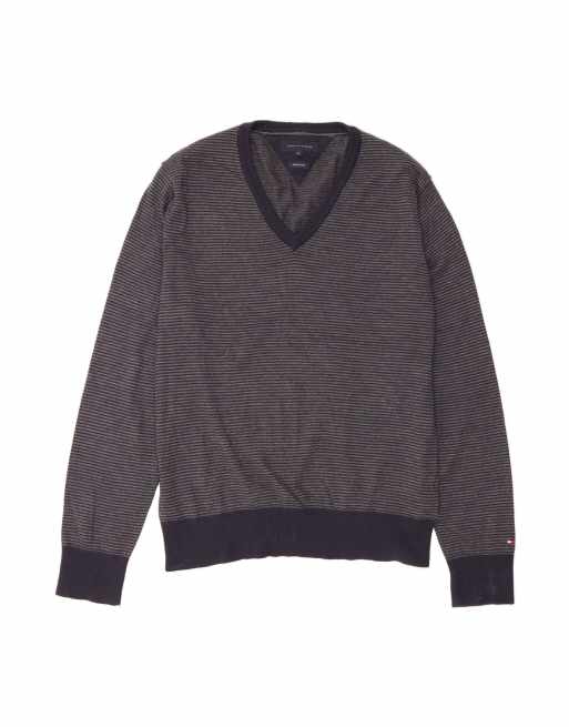 Vintage Tommy Hilfiger V-neck Jumper Sweater XL In Blue Striped Merino Wool