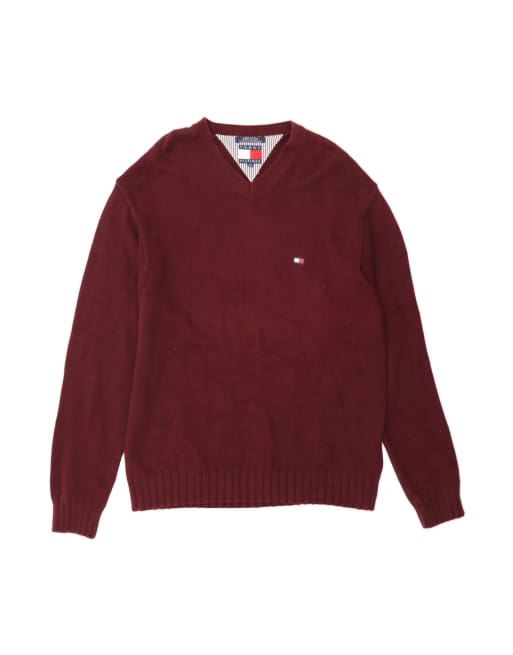 Vintage Tommy Hilfiger V-neck Jumper Sweater XL In Burgundy