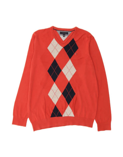 Vintage Tommy Hilfiger V-neck Jumper Sweater XL In Red Argyle/diamond - view 1