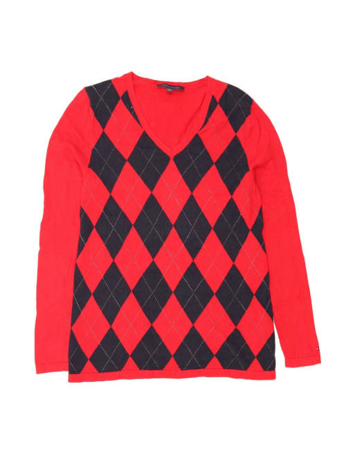 Vintage Tommy Hilfiger V-neck Jumper UK 14 Large In Red Argyle/diamond